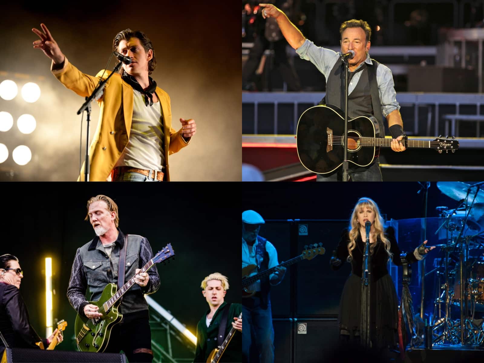 Image shows Artic Monkeys (top left), Bruce Springsteen (top right), Queens of the Stone Age (bottom left), and Fleetwood Mac (bottom right)