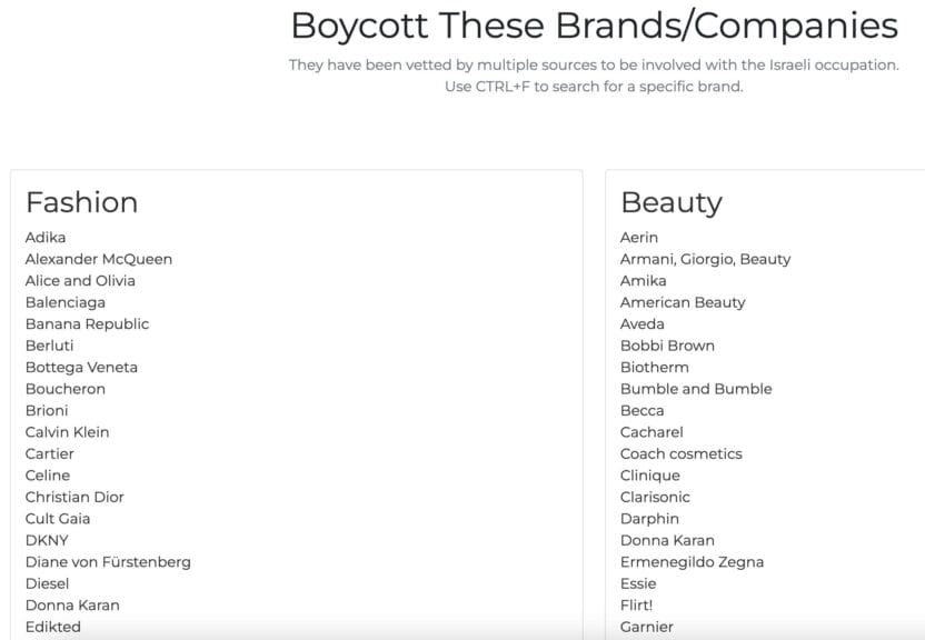 A screenshot of the Ethos webpage's list of brands on a boycott list.