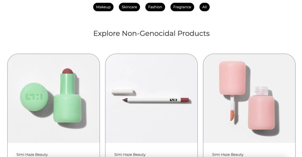 Screenshot of the various listed products that are boycott-friendly, as listed on the Ethos website.