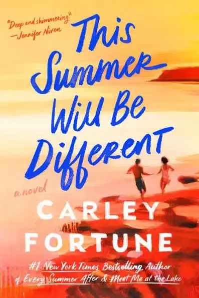 Book cover with sunset background and blue letters.