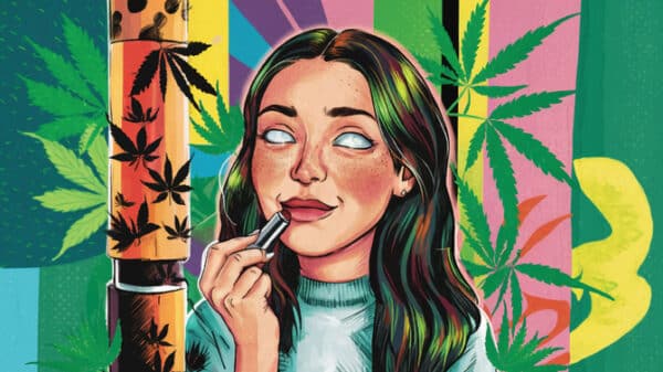 A cartoon woman applies lip balm in front of a colourful graphic displaying cannabis leaves in multiple colours. Her eyes are white.