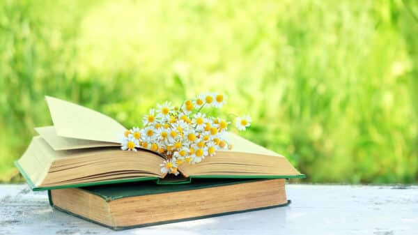 image of two books, one on top of the other, the one on top is lying open with small white and yellow flowers on top. the books are on a white painted wooden table, and the background is a blurred green leafy scene
