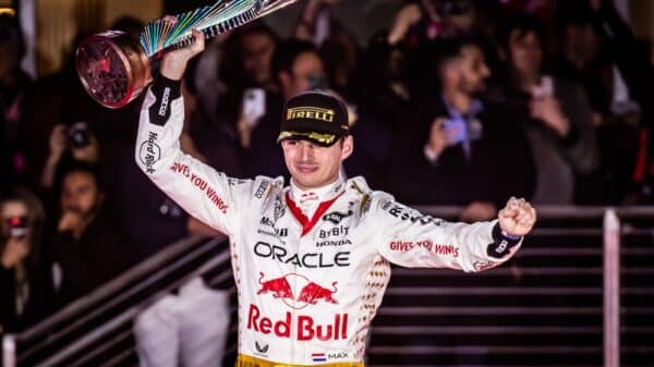 Las Vegas, USA. 19-11-2023. Formula 1 World Championship, Heineken Silver Las Vegas Grand Prix. Max Verstappen, Red Bull, winner of the race, on the podium.