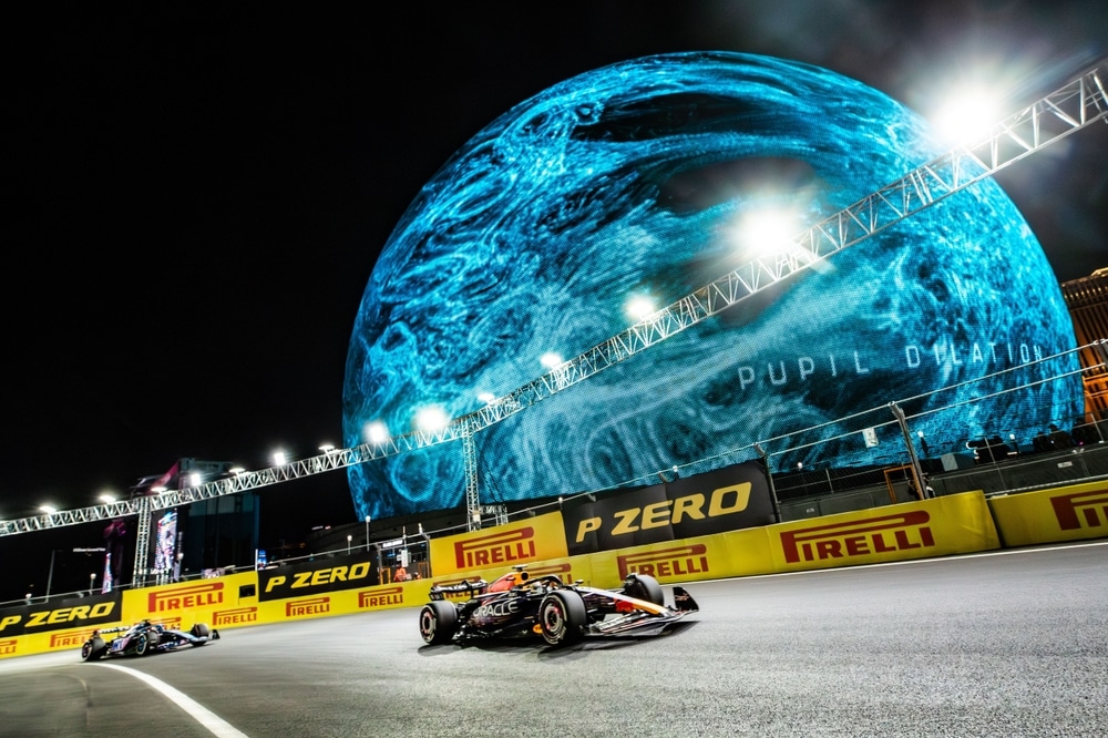 Max Verstappen passes the Sphere on his way to victory in Las Vegas.