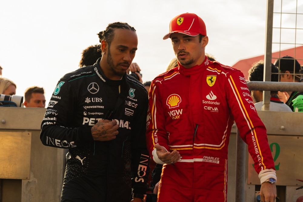 Lewis Hamilton with his Ferrari teammate in waiting, Charles Leclerc, at the Bahrain Grand Prix, March 2024.