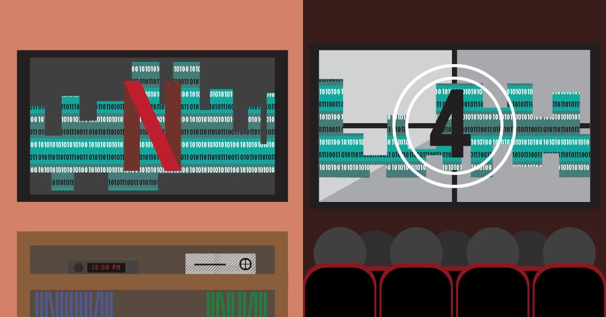 TV screen showing Netflix symbol over 0101 computer codes next to a movie theater screen shoing the same, but with a circled 4 where the Netflix symbol was.