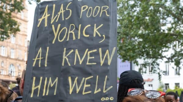 A sign which reads: "Alas poor Yorrick, AI knew him well."