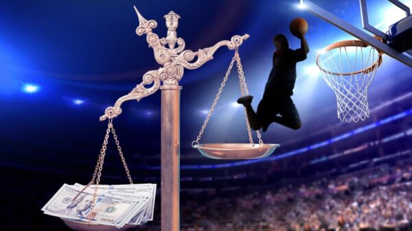 Graphic of a basketball player, supported by stacks of cash, potentially making a sho