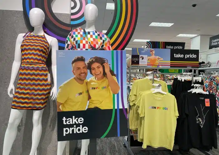 Pride Merchandise on display at a San Francisco, California Target location on May 3, 2023. Image: Justin Sullivan/Getty Images