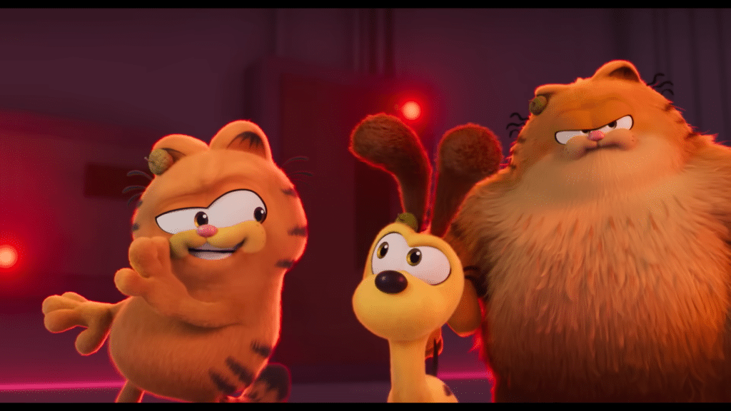 Garfield, Odie, and Vic standing together in a dark room.