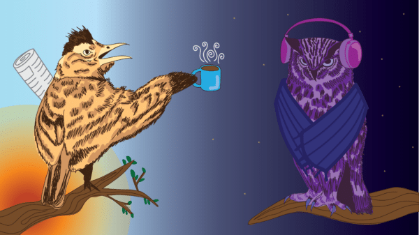Illustrated image of a morning lark holding a newspaper and handing a cup of coffee to a night owl, who is wrapped in a blanket and wearing headphones.