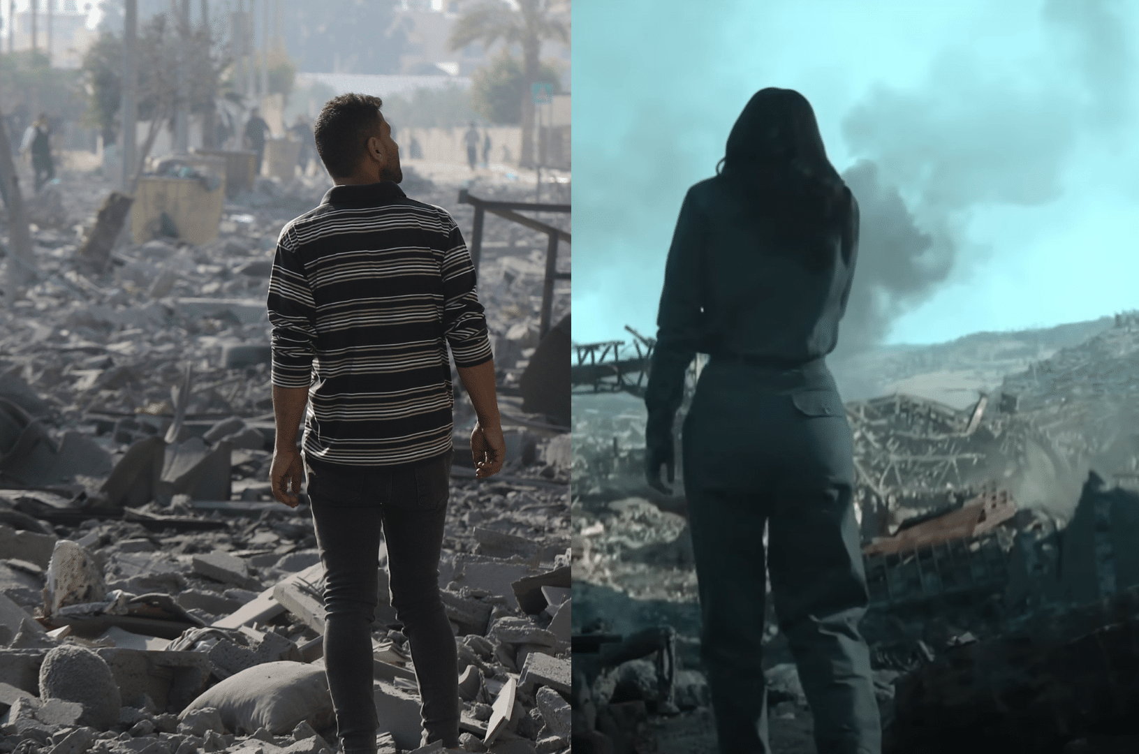 (left) Massive destruction caused by the bombing on a residential apartment in Hamad City, Qatar, in Khan Yunis, south of the Gaza Strip. Credit: Shutterstock/Mohammad Abu Elsebah (right) Jennifer Lawrence as Katniss Everdeen in Mockingjay Part 1. Credit: Lionsgate