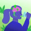 A girl drinking a CBD product, the green liquid and it travels to the brain, showing the benefits of CBD in the brain. With a green background and cannabis leaves floating around.