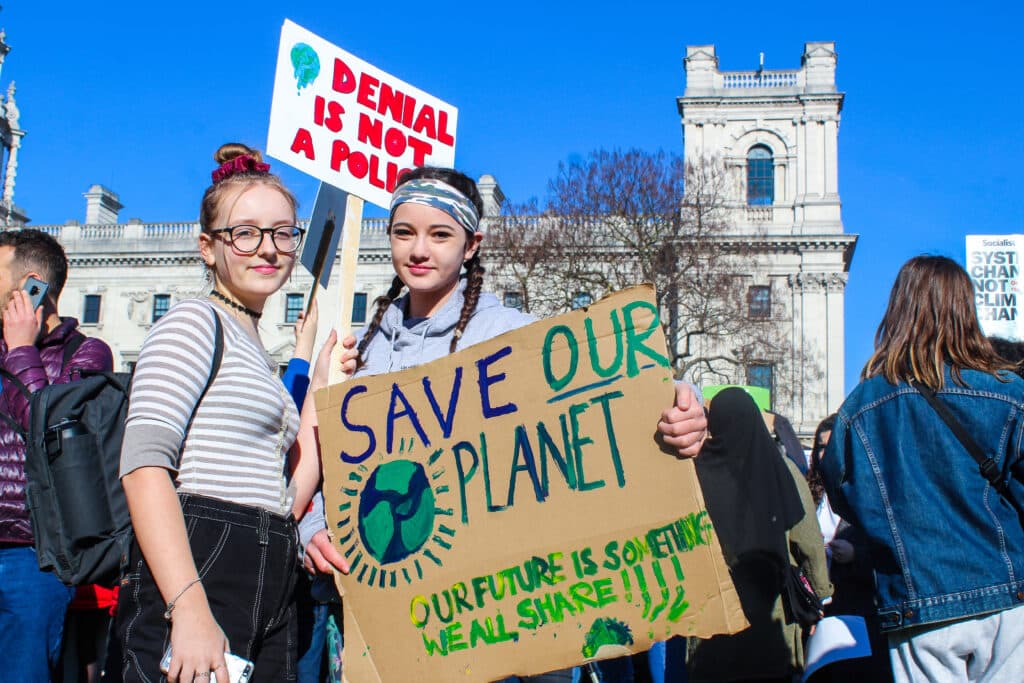 Parliament Square, London - February 15th 2019: YouthStrike4Climate, Students gather outside the houses of parliament in demonstration to fight against climate change.