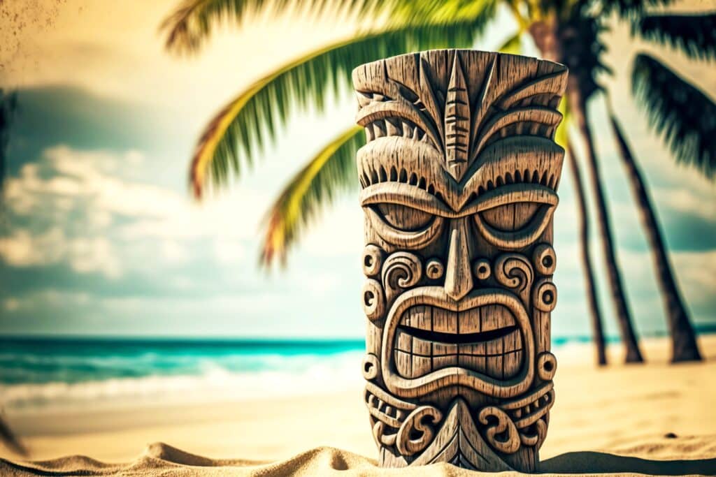 A totem tiki mask on a beach, in front of a palm tree on a sunny day.
