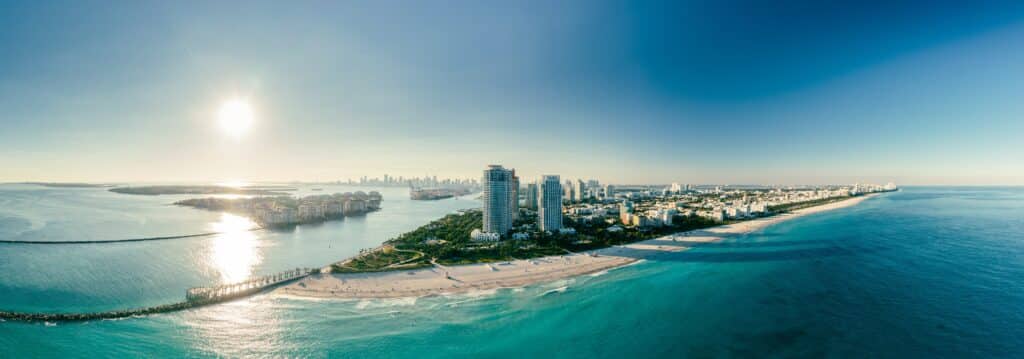A skyline of Miami Florida during a sunny day.