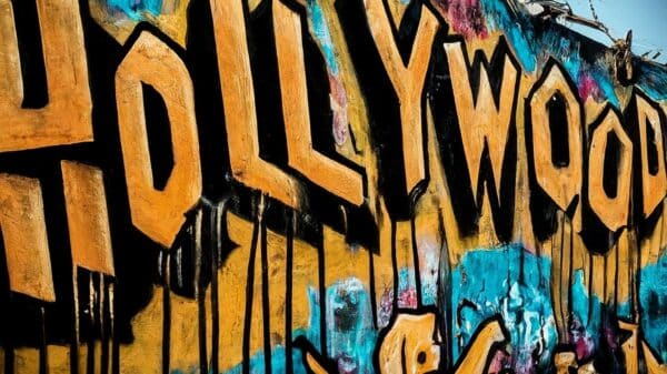 Yellow and blue graffiti that says "Hollywood" is scribbled on the side of a building