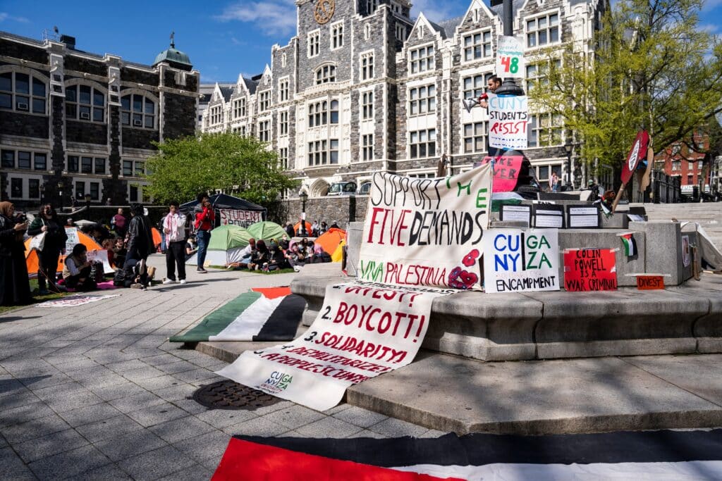 Palestine Solidarity encampment outside CUNY City College in New York. Credit: Shutterstock/Luis Yanez