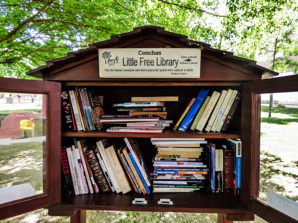 Photo of dark brown wooden box with two fully stocked bookshelves and a sign at the top that says Conchas Little Free Library. Take a book, return a book