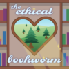 graphic illustration of a bookshelf split in the middle by a frame with a heart shaped window looking out to green trees on a field. above and below the window are the words "the ethical bookworm"